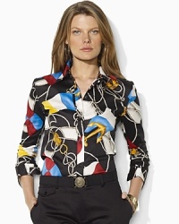 Awash in a vibrant nautical flag print, a classic tailored shirt is crafted from silky cotton broadcloth with three-quarter sleeves for breezy style.