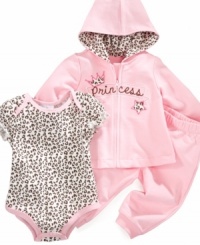 Your little princess will let out her wild side in this terry hoodie, animal print bodysuit and pants set by First Impressions.