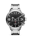 This silver plated Armani Exchange watch works a rugged sophistication, topped by an oversized dial which features a three-eye chronograph, brushed indexes and polished markers.