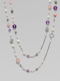 From the Bijoux Collection. An elegant chain of sterling silver, long enough to double, is richly accented by softly-hued rose quartz, pink chalcedony, lavender amethyst, and pearl.Rose quartz, pink chalcedony, lavender amethyst, and pearl Sterling silver Length, about 50 Toggle closure Imported