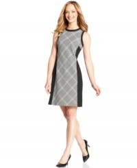 Evan Picone's petite dress features a bold take on a houndstooth print at the front and a classic A-line silhouette.