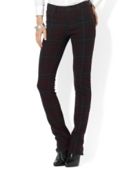 Always-versatile plaid lends a hint of edge to Lauren Ralph Lauren's sleek five-pocket pant crafted from luxe stretch cotton for a superior fit.