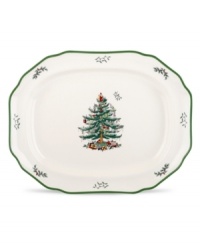 With an historic pattern and sculpted green edge, this Christmas Tree platter from Spode's collection of serveware and serving dishes is a festive gift to holiday dining. A full evergreen tree with baubles, tinsel and perfectly wrapped packages sets the table for celebration.