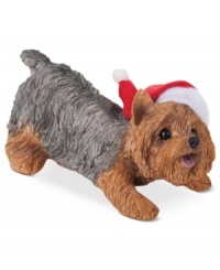 A fetching gift for animal lovers, the Yorkshire terrier Christmas ornament depicts a frisky pup waiting patiently for treats and dressed for the season. From Sandicast.