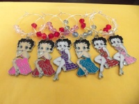 Wine Charms ~ Multi Colors Metal Betty Boop Wine Glass Charms with Swarovski Crystal Beads Set of 6 (2 Reds, 2 Pinks, 1 Blue and 1 Purple)