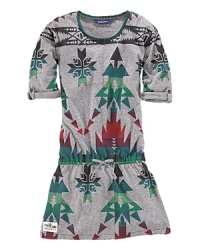 The essential T-shirt dress in cotton jersey is updated in a soft heathered design with a Southwestern-inspired print and drawstring waist.