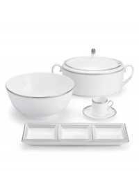 Like the grosgrain ribbons that dangle from her famous dresses, this white bone china collection of dinnerware and dishes from Vera Wang features two different platinum grosgrain borders. The wide corded border of textured grosgrain evokes soft elegance while the narrow wisp of platinum edging adds chic style. Espresso cup shown right.