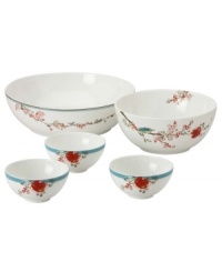 Dish it out in style! This compact, stackable set of bowls is perfect for putting out dips and sauces to colorful sides and salads. Includes one large serving bowl, one medium bowl and three small bowls. Coordinates with the beautiful Chirp dinnerware and dishes collection from Lenox Simply Fine.