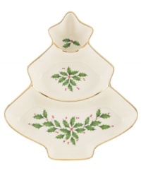 Trim the tree. A perfect host for chips, candies or dips, this divided server is trimmed with gold and a holly motif to match the beloved Lenox Holiday dinnerware collection.