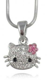 Small Adorable 1/2 Crystal Kitty Pendant and Necklace - Pink Flower Bow - Silver Plated