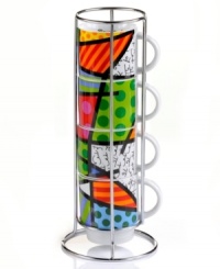 Pattern maker. Four mugs bearing the unmistakable pop art of Romero Britto make a fabulous and functional addition to modern kitchens. Stack to create one cohesive design in the accompanying metal caddy.