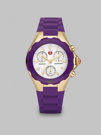 From the Tahitian Jelly Bean Collection. This technical timepiece features a radiant goldtone stainless steel case with a sporty silicone strap. Swiss quartz movementWater resistant to 5 ATMRound goldtone stainless steel case, 40mm (1.5) Enamel logo bezelWhite chronograph dialNumeric hour markersDate sub-dialSecond hand Purple silicone strapImported