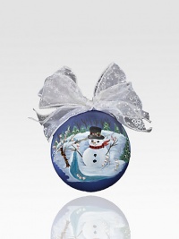 This season, bring Frosty inside with a charming painted glass ornament, complete with a whimsical, snowflake-patterned silver ribbon.12 diam. Imported 