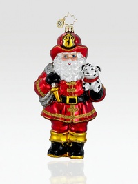 Display your support for firefighters and their trusty dalmatian friends with this beautifully crafted, uniform-donning Santa ornament. Hand-blownHand-painted6 tallMade in Poland