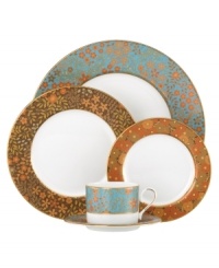 Lavish florals spread with golden splendor around the Gilded Tapestry place settings from L by Lenox dinnerware. The dishes feature a rich palette of brown, teal and tangerine that is contrasted by bright white and glistening gold-banded edges, turning every formal occasion into a truly decadent garden party. (Clearance)