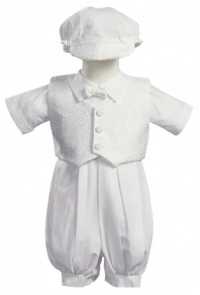 Baby Boy White Poly Cotton Christening Baptism Romper Set with Vest and Hat