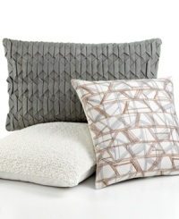 Gathered ivory fabric creates a textural surface on this bar III™ Moto decorative pillow, making it a focal point on your bed.