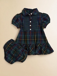 Classically preppy tartan plaid and a pintucked bib front complete a timeless woven cotton dress.Peter Pan collarShort puffed sleevesButton-frontRuffled hemCottonMachine washImported Please note: Number of buttons may vary depending on size ordered. 