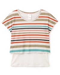 From Kiddo, a chic layered look built around this beautifully-hued cropped top and solid white under shirt.