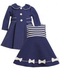 Size-6/9M, Navy, BNJ-7960R, 2-Piece Navy-Blue and White Jacquard Circle Coat and Dress Set, Bonnie Jean Baby-Newborn Special Occasion Flower Girl Party Dress