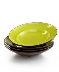 Incredible inside and out. Waechtersbach Duo soup bowls partner durable porcelain with a two-tone glaze that's shiny and green on one side, matte chocolate on the reverse.