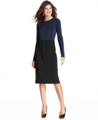 Jones New York's clever petite sheath dress looks like separates thanks to a colorblocked design. Pair it with platform heels for fashion-forward style at the office and beyond!