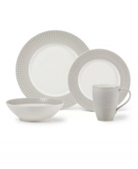 Shape up. A pattern of tiny squares gives the Mikasa Crisscross place settings a modern look and feel in resilient, everyday stoneware. Soothing gray and white tones mixing a matte and shiny finish add to its understated cool.