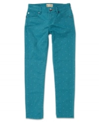 A sweet polka dot print on these skinny jeans from Roxy makes them a unique look sure to make a splash.