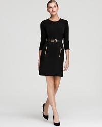 Inject your LBD portfolio with modern edge in this MICHAEL Michael Kors dress, touting sleek gold-tone zip accents and a statement leather belt for strong femininity.