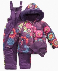 Your little angel can comfortably make snow angels to her hearts delight in this Hawke & Co. snowsuit, jacket and hat set.