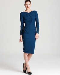 This form-fitting Zac Posen dress is an ultra-flattering choice for dinner or drinks, featuring chic ruching and an alluing cutout at the back for just a hint of skin.