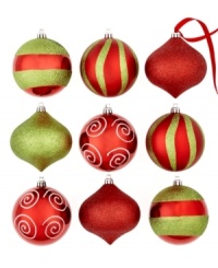 Catch a break with shatterproof ornaments from Kurt Adler. Bright holiday colors and graphic glitter motifs make this set of drops and balls a favorite new addition to your tree.