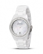 Mother-of-pearl dial, set with Swarovski crystals, with a white ceramic bracelet. By Emporio Armani.