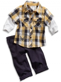 GUESS Kids Boys Newborn Two-Fer Plaid Shirt and Pants Se, PLAID (0/3M)