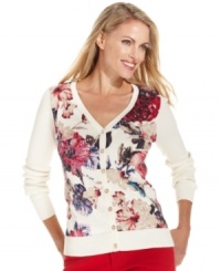 Go floral in Charter Club's printed petite cardigan, complete with sparkling sequins at the chest for extra sparkle.