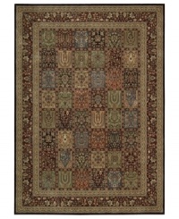 An artful presence with timeless Persian influence. This exquisitely ornate area rug is abound in beautiful array of earthy tones, made from Nourison's own Opulon™ yarns for a densely woven pile with long-lasting color retention and durability.