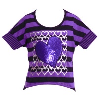 Girls 5 Purple Black Stripe Sequin Heart Short Sleeve Fall Top Shirt