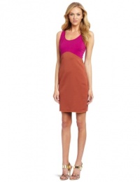 HALSTON HERITAGE Women's Sleeveless Color Blocked Ponte Dress, Bright Magenta/Spice, 4