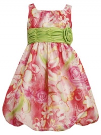 Size-6, Pink, BNJ-8398R, Watercolor Floral Print Rosette Waist Shatung Bubble Dress,Bonnie Jean Little Girls Party Dress