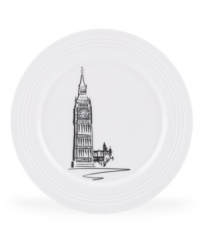 Set the table with a new point of view. Etched with Big Ben, the London accent plate adds European charm to the understated elegance of Tin Can Alley dinnerware.