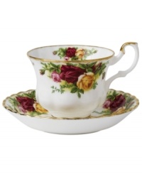 This popular bone china pattern surrounds blooming sprays of colorful English roses with hand-applied bands of 22K gold.