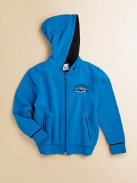 This cozy cotton must-have features an attached hood, side slash pockets and requisite croc detail.Attached hoodLong sleevesZip-frontSide slash pocketsCottonMachine washImported