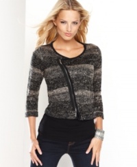 Edgy motocross styling gets the soft touch from INC, complete with a marled knit brightened by shimmering sequins!