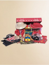 Indulge his imagination with this chock-full-of-fantasy treasure trove. Includes 4 hats, 3 vests, 2 bandanas, a cape, a mask, an eye patch, binoculars, a sheriff's badge, and more.Suitable for ages 3 and upImported