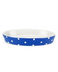 Make no stops from the oven to the table with this fun, oval casserole dish from Spode, featuring classic polka dots in a blue and white palette.