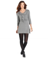 Stay super-cute in the cold with Elementz' petite sweater dress, finished by a ruffled front.