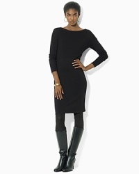 Crafted in a luxe silk blend, a timeless sweater dress is updated with a boat neckline and chic dolman sleeves.