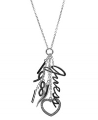 GUESS put a little heart into this darling charm necklace, featuring three danging charms on separate chains. Includes a heart with clear pave stones, a script logo and 1981 numerals. Set in imitation rhodium-plated mixed metal. Approximate length: 28 inches + 2-inch extender. Approximate drop: 4 inches.