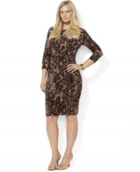 A bold pattern and chic three-quarter length sleeves update Lauren Ralph Lauren's classic plus size matte jersey dress, finished with ruching at the waistline for a figure-flattering look. (Clearance)