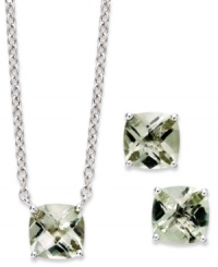 A fun and colorful update to your wardrobe, this matching pendant and earrings set features cushion-cut green quartz (5 ct. t.w.) set in sterling silver. Approximate length: 18 inches. Approximate drop (pendant): 1/4 inch. Approximate drop (earrings): 1/4 inch.